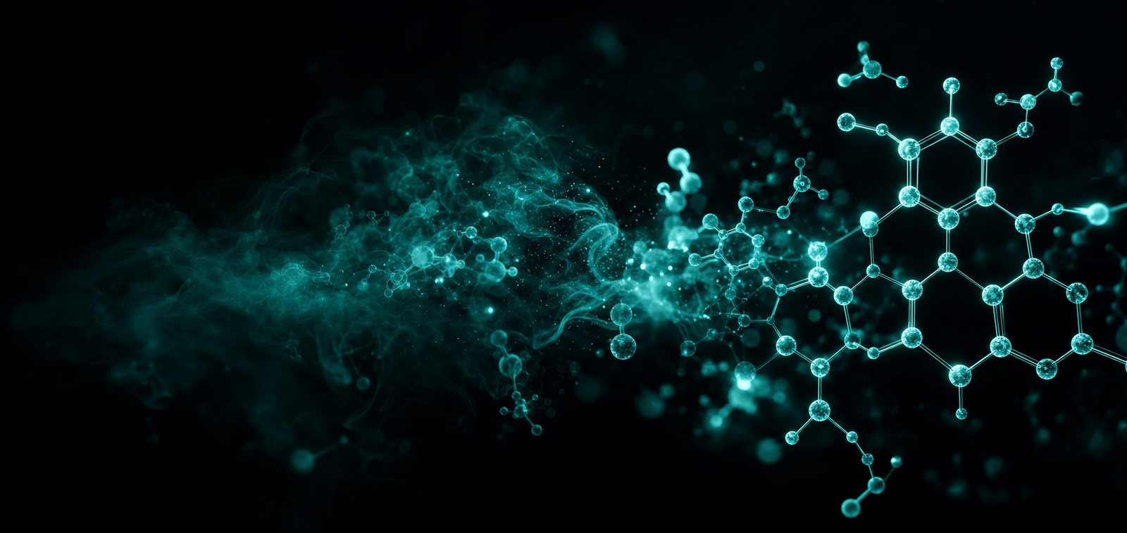 Invisible chemistry made visible — faint trace gases emerging from darkness into glowing cyan molecular structures