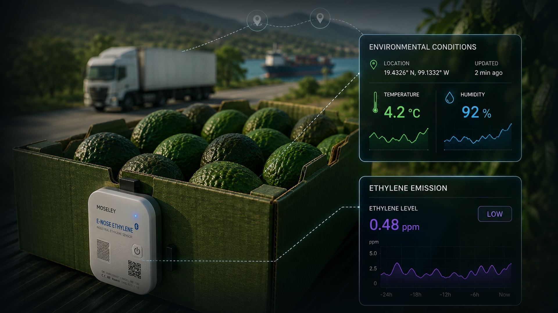 A photorealistic fresh produce shipment with a Moseley e-nose device, surrounded by environmental-condition panels and an ethylene emission panel, feathered into the Moseley Climacteric Intelligence hero background.