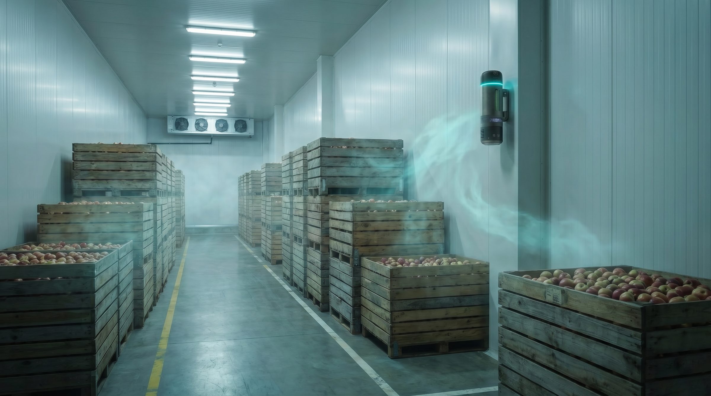 Moseley E-Canister deployed in a cool room, sampling volatiles from stored produce