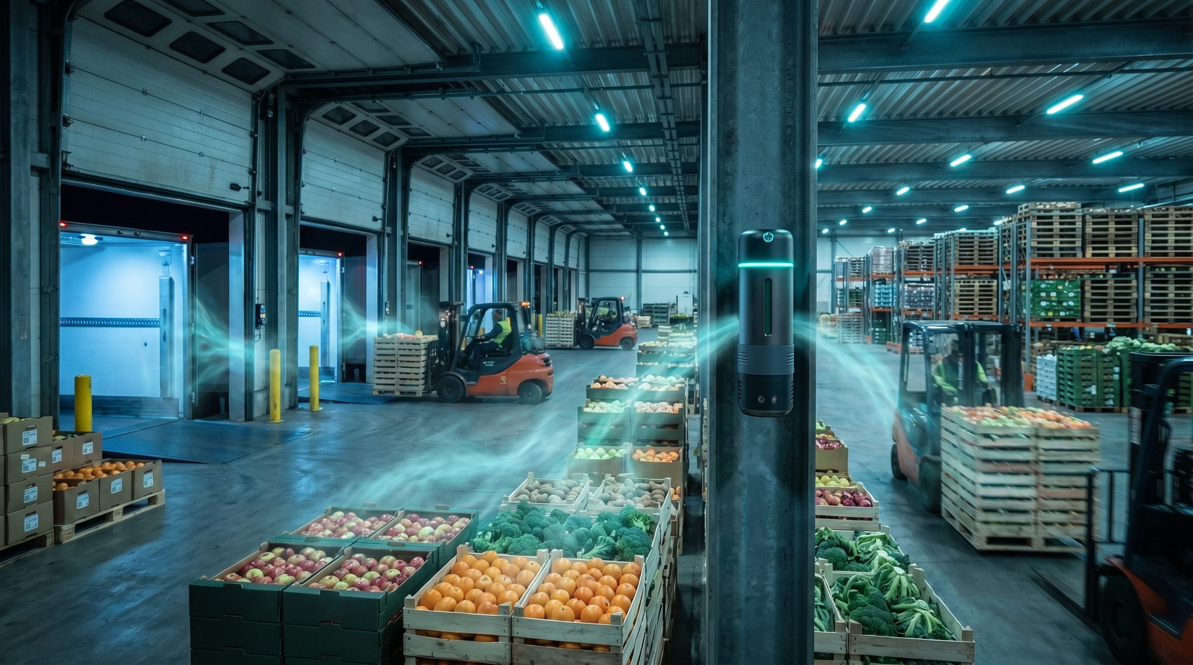 Moseley E-Canister deployed in a distribution centre, sampling volatiles from stored produce