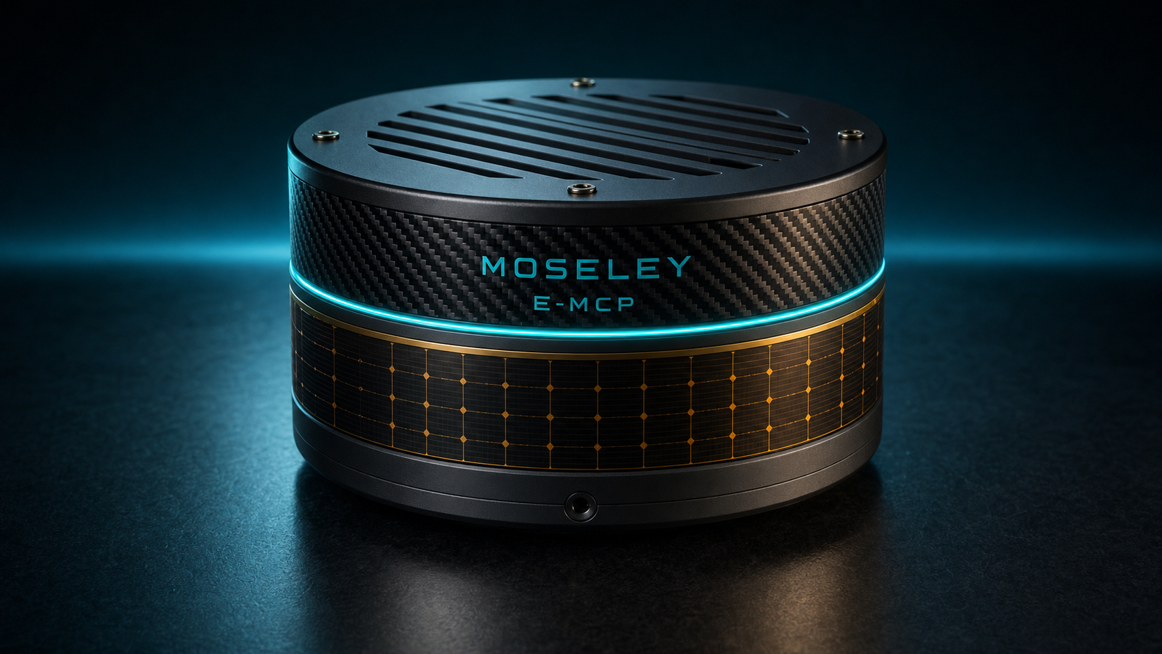 Moseley E-MCP — distributed ethylene-modulator release node, three-quarter view with top louvre vent, carbon-fibre band, glowing teal accent ring and photovoltaic sidewall
