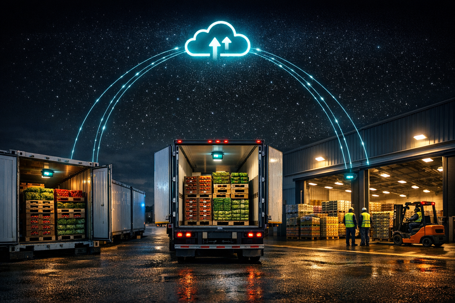 Moseley Climacteric Platform network — E-Aegis devices deployed across refrigerated containers, trailers and distribution centres, linked to a cloud edge-ML node, closing the loop from ethylene detection to active remediation