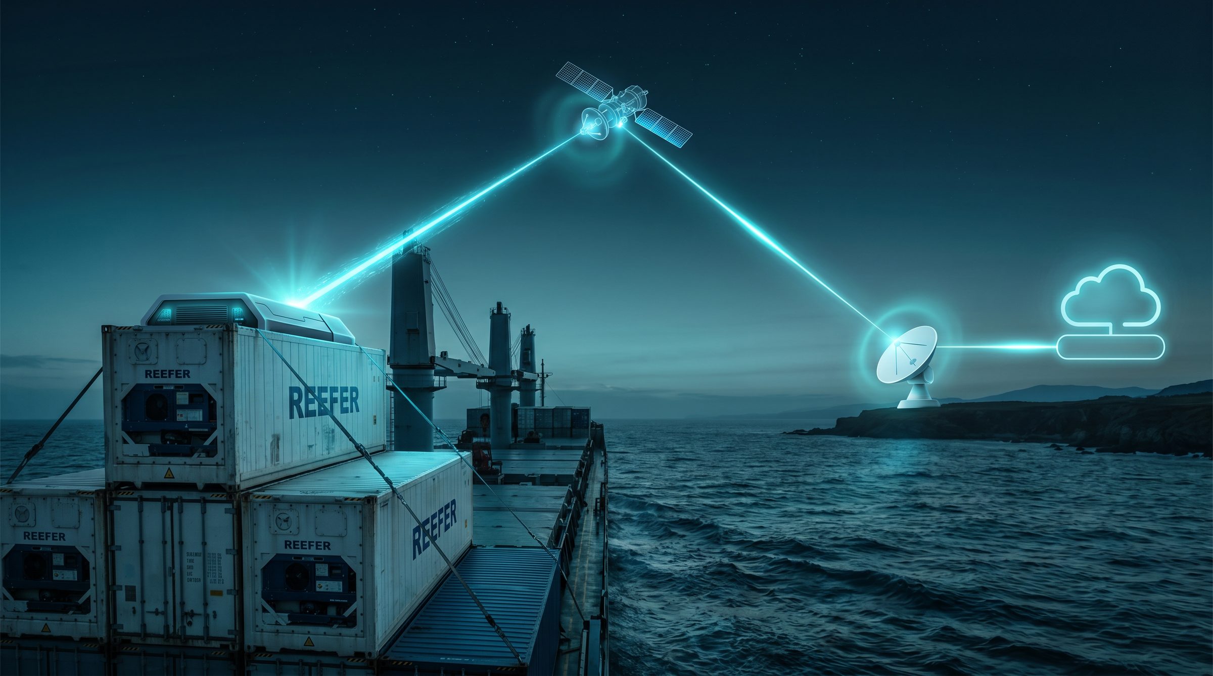 Refrigerated container at sea uplinking to a satellite, downlinking to a coastal ground station, and into the Moseley cloud