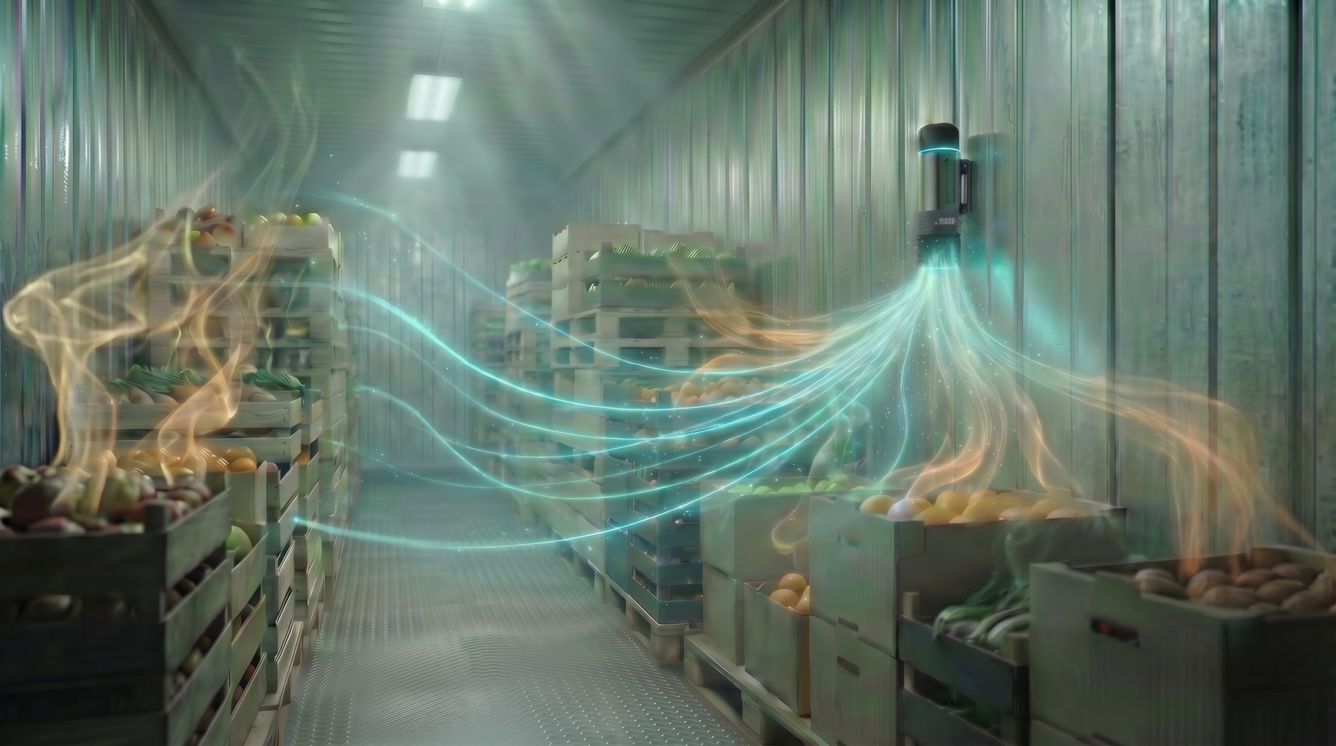 Moseley E-Canister deployed in a refrigerated container, sampling volatiles from stored produce