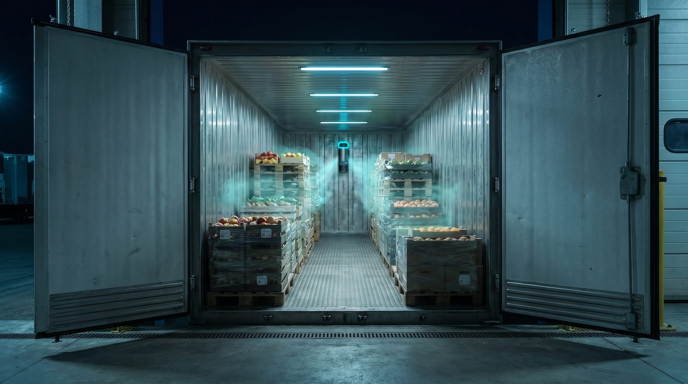 Moseley E-Canister deployed in a refrigerated trailer, sampling volatiles from stored produce