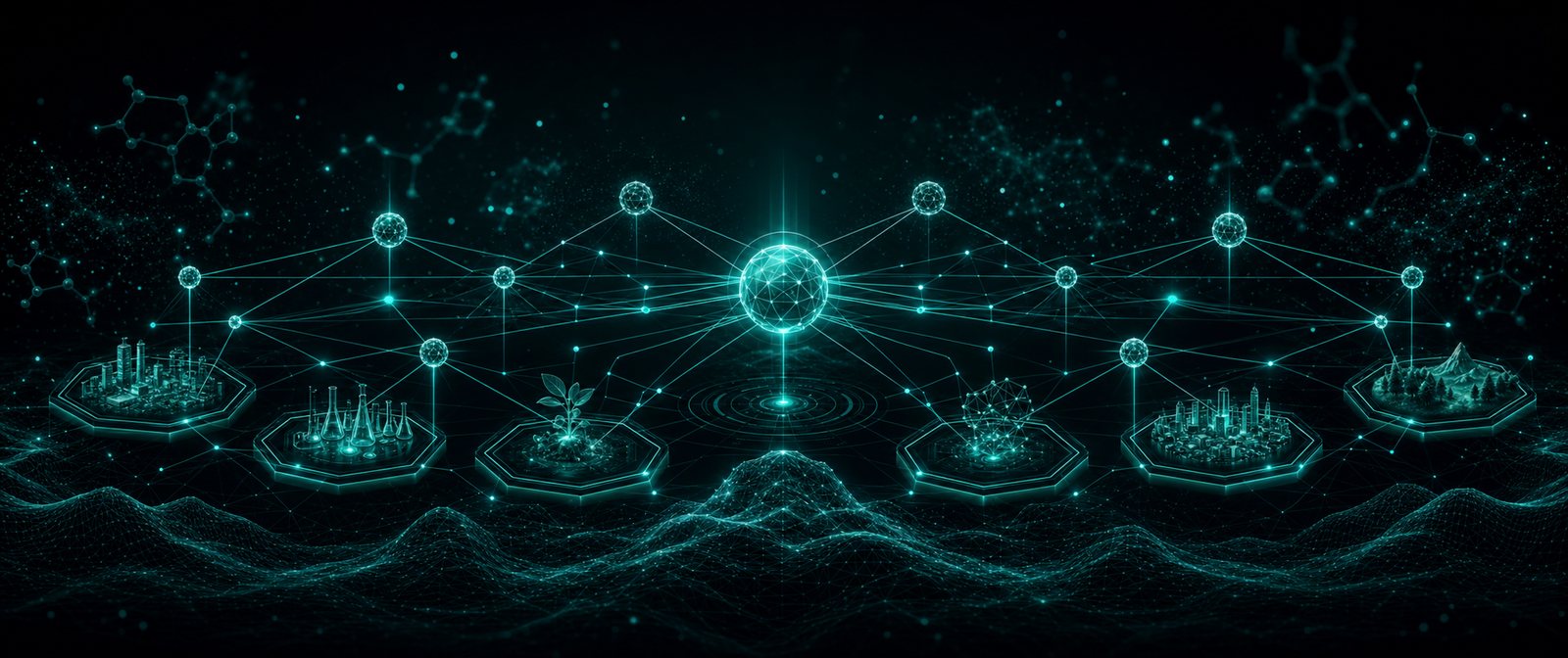 One platform architecture applied across many environments — a central glowing cyan hub connected to multiple controlled-environment nodes including farms, labs and facilities