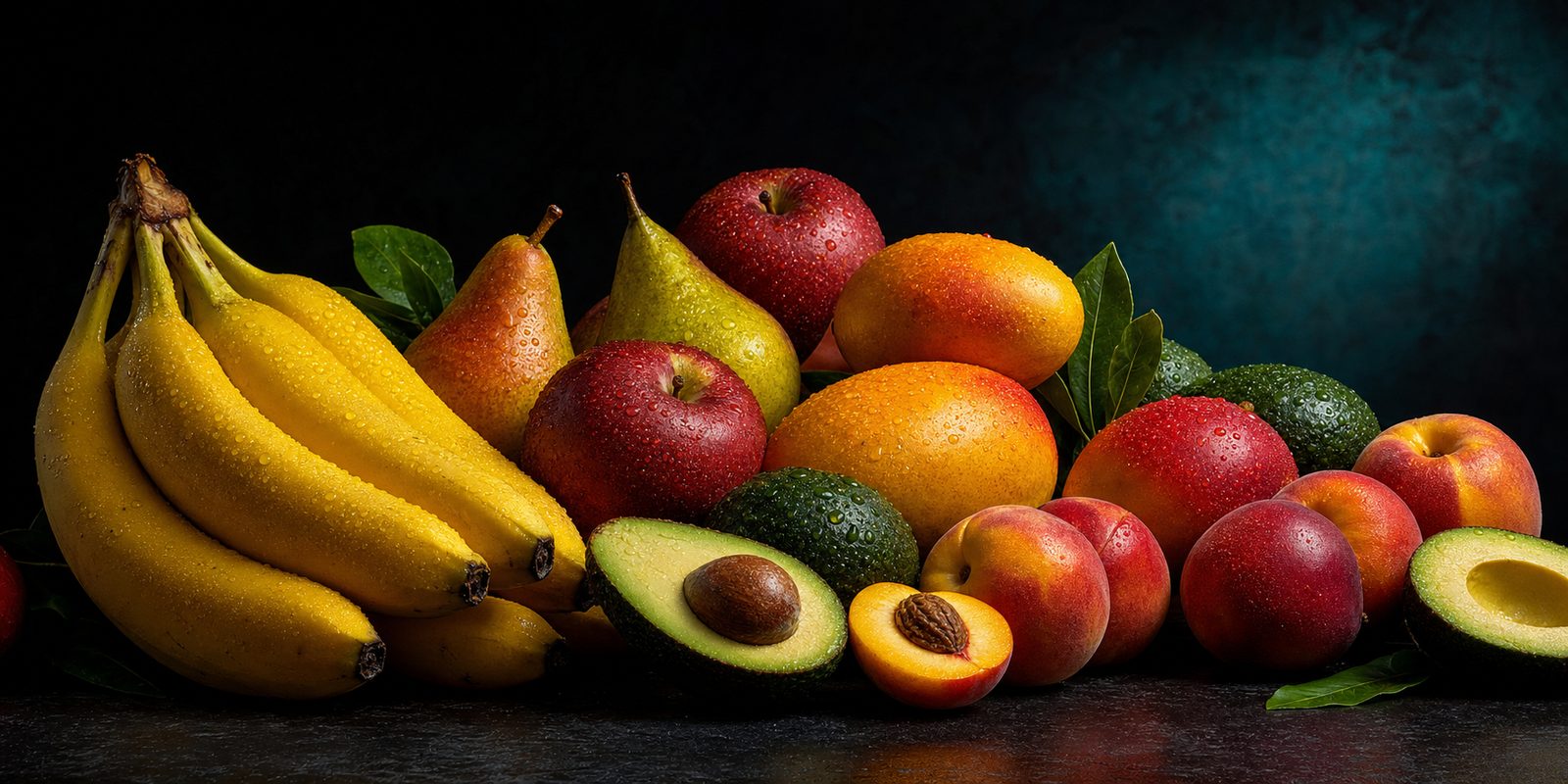 Fresh produce — bananas, avocados, mangoes, apples, pears, stone fruit