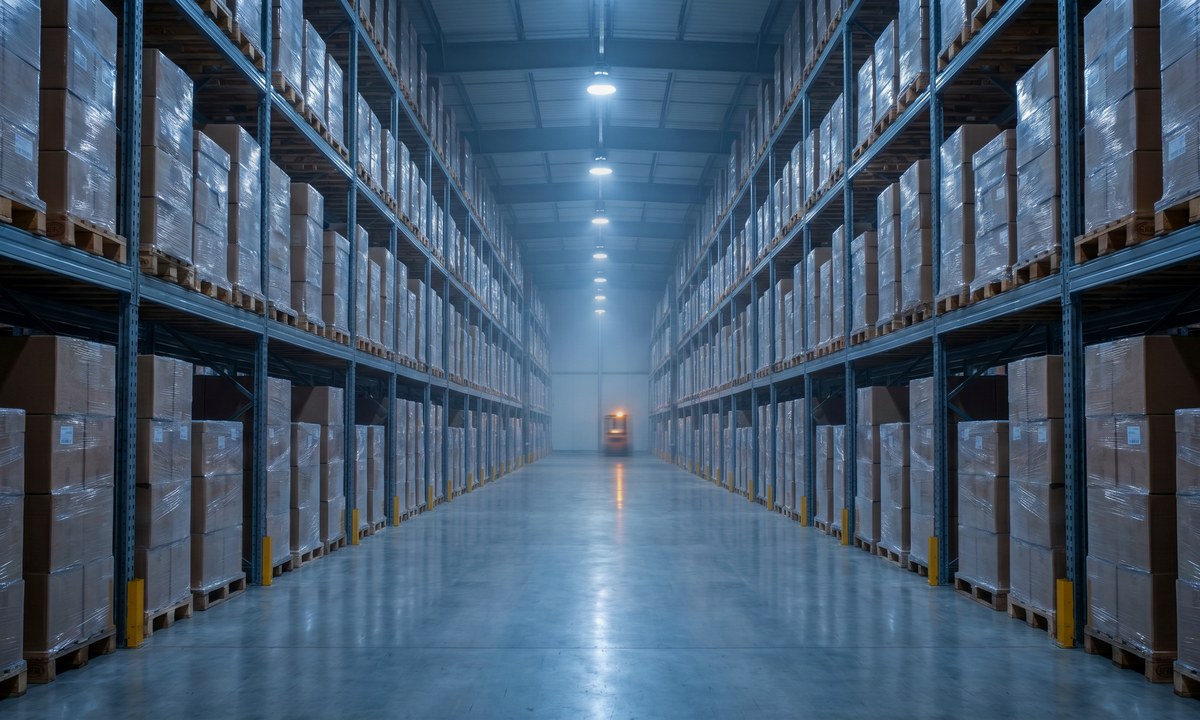 Distribution centre aisle stretching into the distance