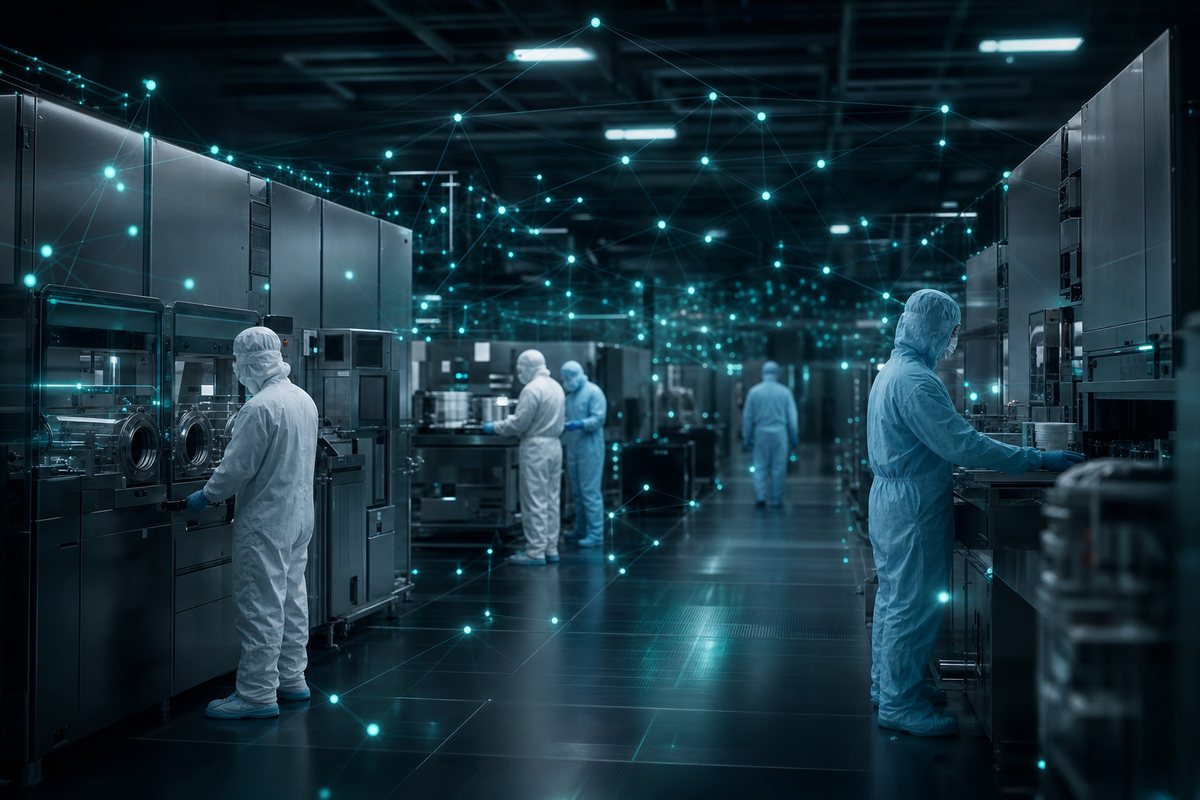 A semiconductor fabrication cleanroom with operators in bunny suits among process tools, overlaid with a glowing cyan mesh of Moseley sensor nodes monitoring airborne molecular contamination.