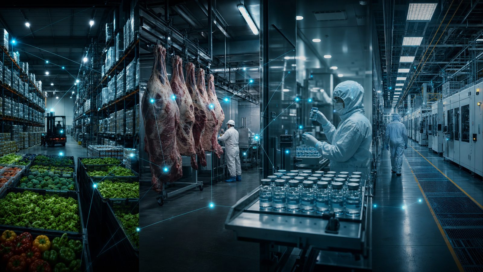 The Moseley sensing architecture spanning fresh produce cold storage, protein and meat processing, pharmaceutical cleanrooms and semiconductor fabs, connected by a mesh of cyan sensor nodes.