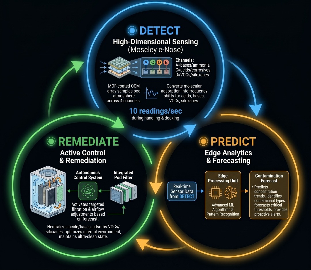 Moseley climacteric control loop &mdash; Detect, Predict, Remediate &mdash; the closed loop E-Sentinel is trained to drive once labelled against a validated reference ethylene monitor.
