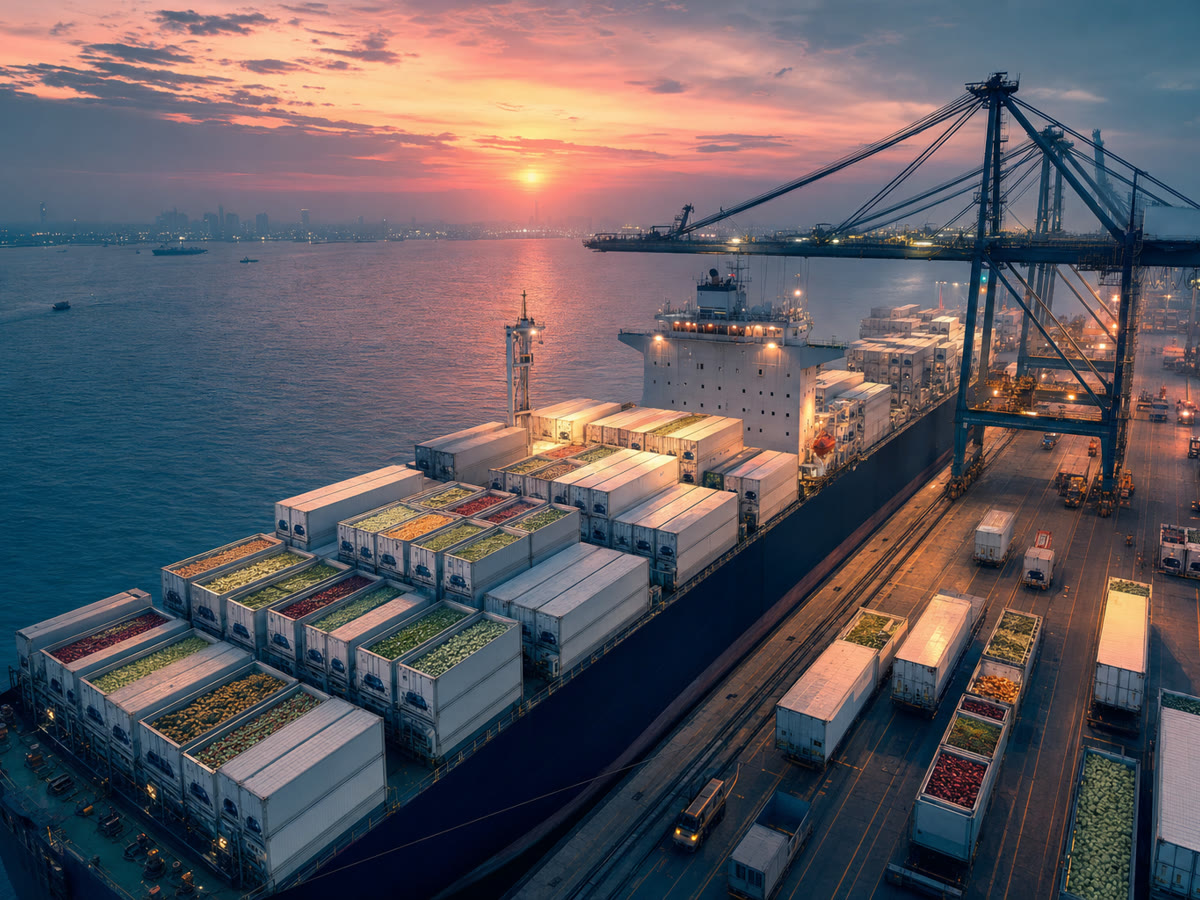 Aerial view of a refrigerated container ship loaded with reefer containers of fresh produce, dusk light on the harbour