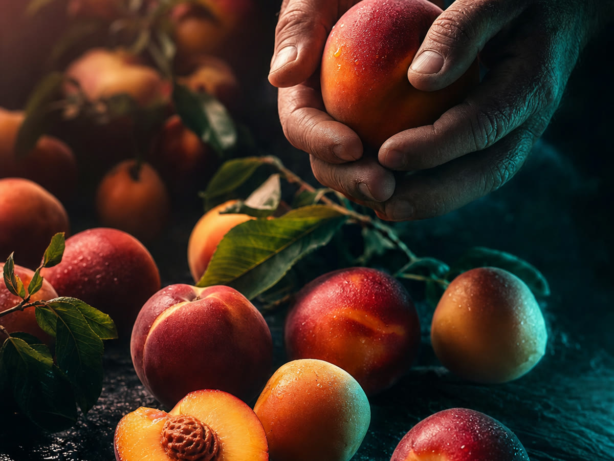 A grower&rsquo;s hands holding freshly harvested stone fruit, with surrounding peaches and nectarines on a dark stone surface