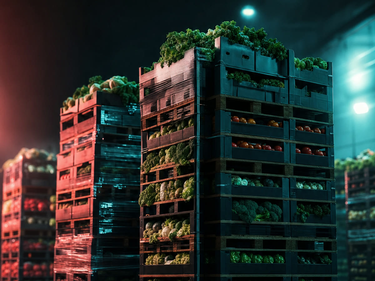Stacked export pallets of fresh produce inside a refrigerated cold-storage warehouse, lit by cool overhead lamps with warm accent light
