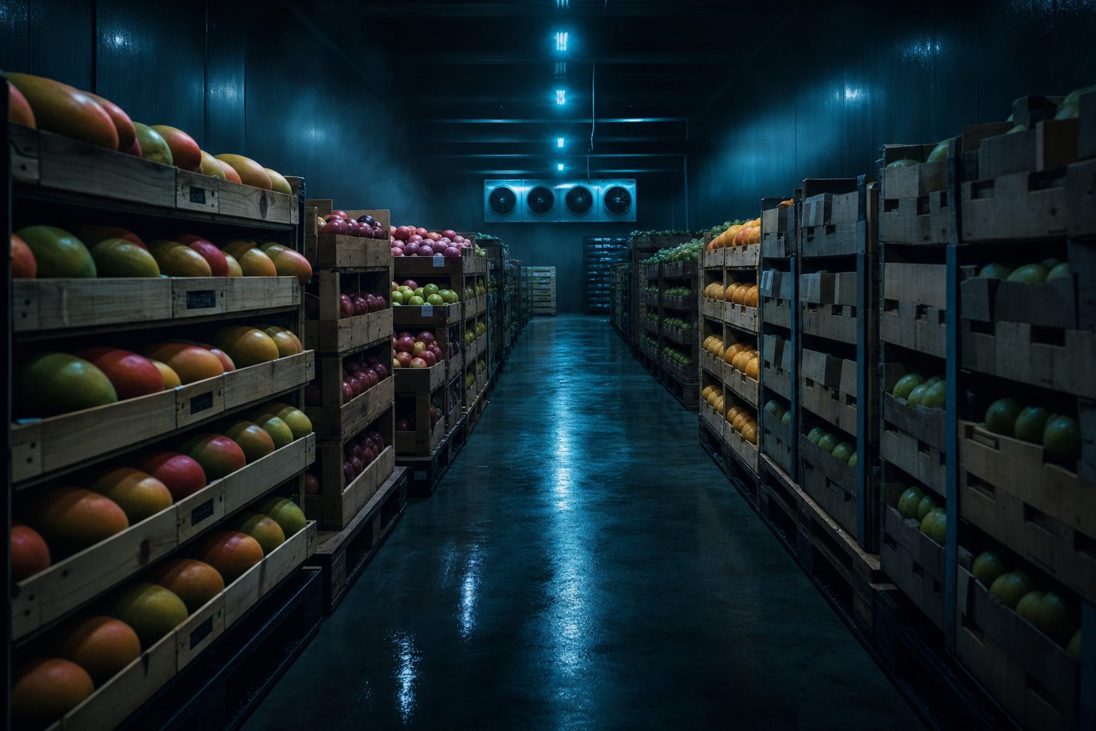 Commercial cold storage room with pallets of mangoes, apples, and pears