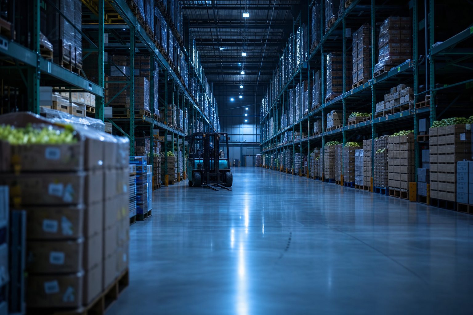 Vast modern fresh-produce distribution centre with high pallet racking