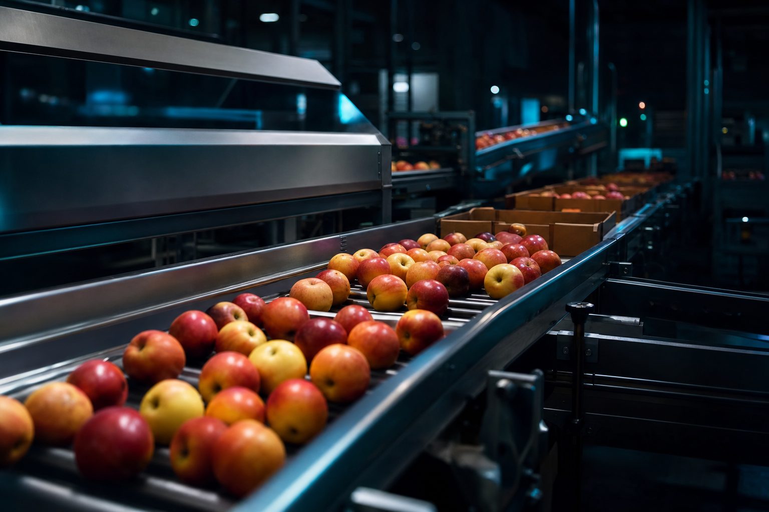 Fresh produce packing shed with apples on conveyor belt
