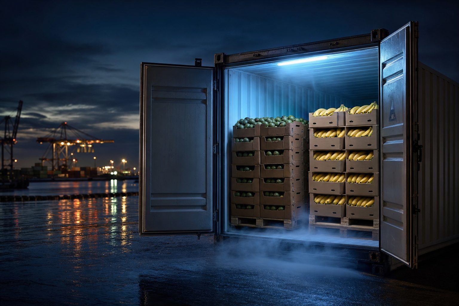 Refrigerated shipping container with pallets of bananas and avocados, port at twilight
