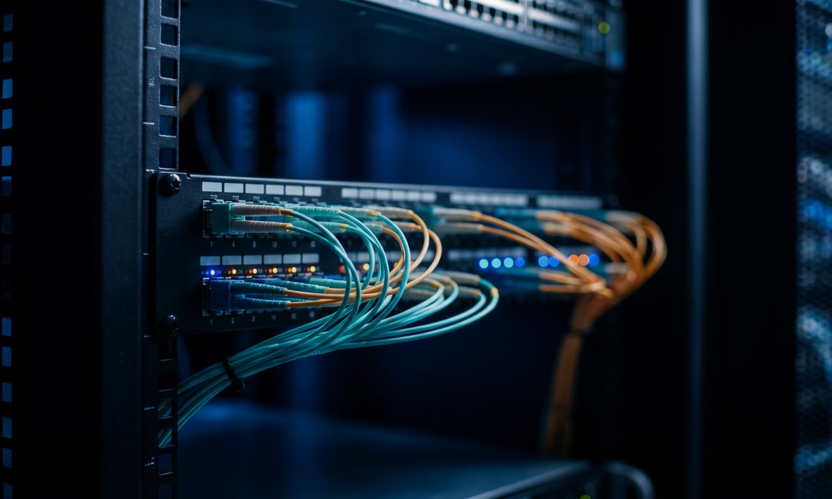 Server racks with active fibre lines — cloud and edge inference