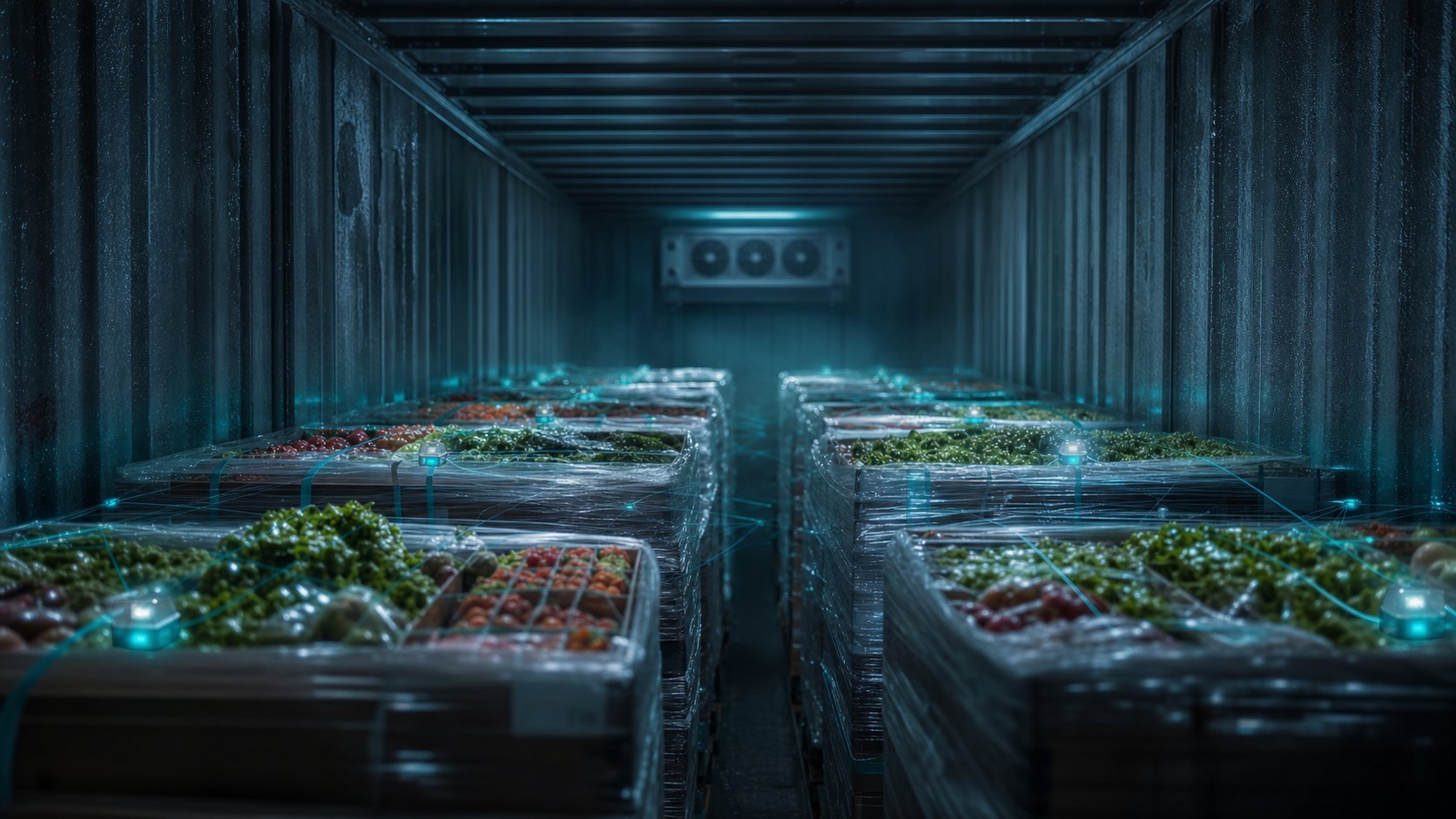 Inside a refrigerated container &mdash; palletised fresh produce monitored by distributed Moseley sensor nodes, the operating environment for E-Aegis, E-MCP and E-Nose Label