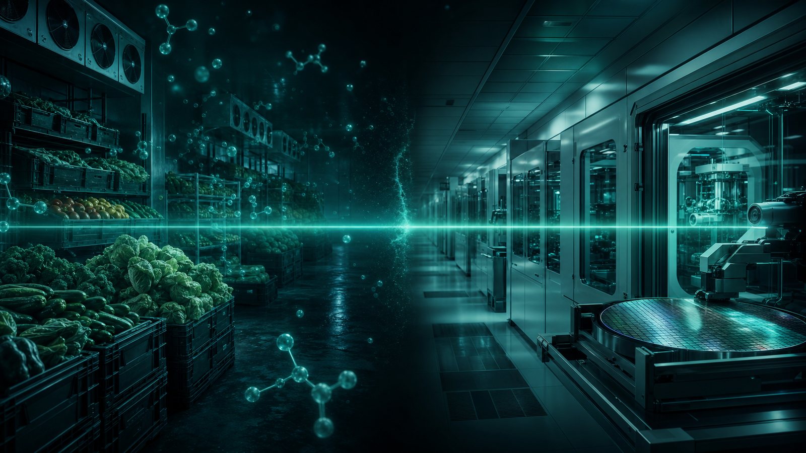 One architecture across two environments — a refrigerated fresh-produce cold room on the left and a semiconductor cleanroom on the right, joined by a single line of cyan light