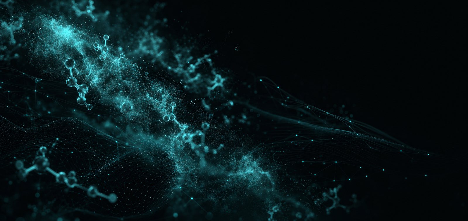 Abstract visualisation of molecular sensing and prediction — a glowing cyan cloud of molecules drifting through dark space with data-trajectory lines