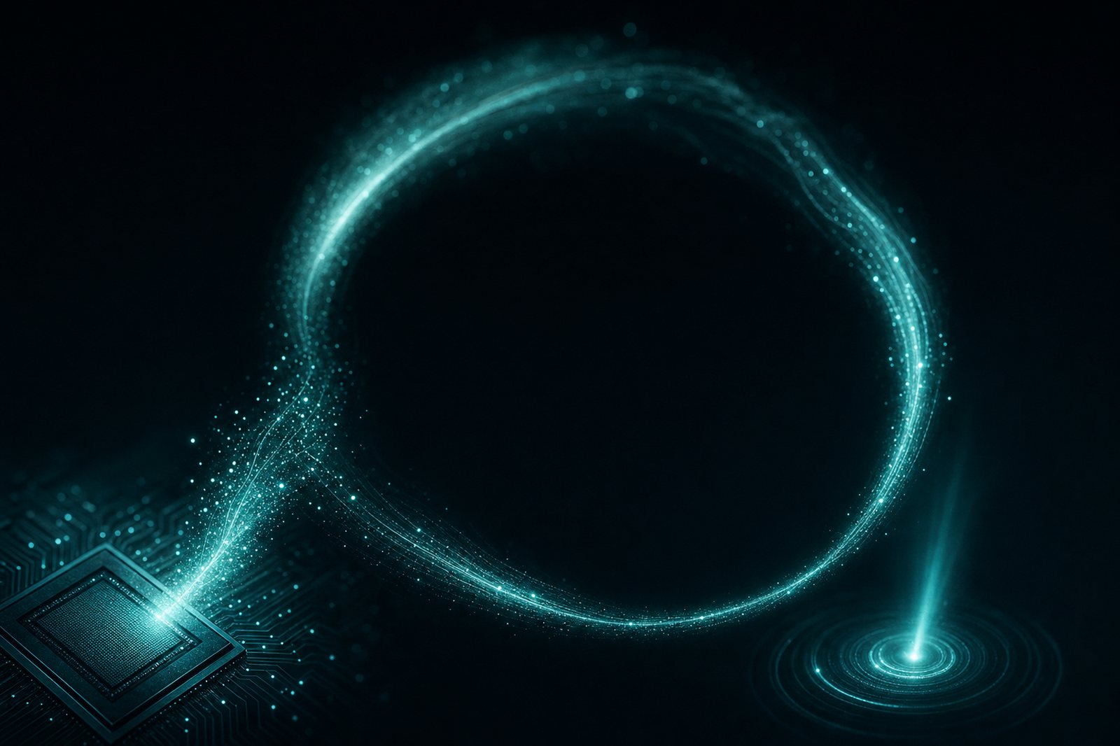 The closed sense-predict-act loop — a sensor chip emitting particles into a glowing cyan ring that returns as an intervention pulse