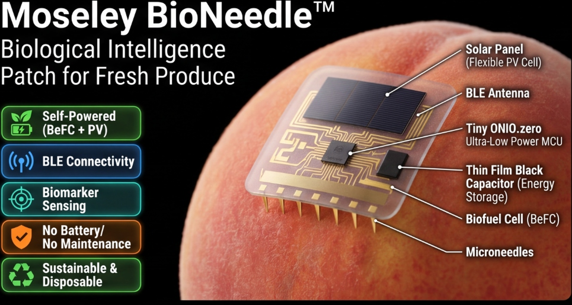 Moseley BioNeedle &mdash; biological-intelligence patch for fresh produce, applied to a peach, with labelled solar panel, BLE antenna, ONiO.zero ultra-low-power MCU, thin-film black capacitor, biofuel cell and sub-millimetre microneedles