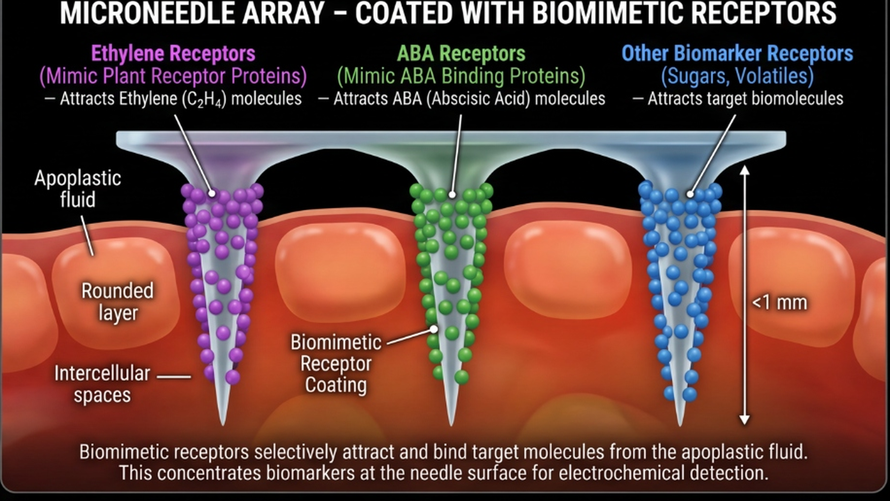 Microneedle array coated with biomimetic receptors &mdash; three needles penetrating fruit skin into the apoplastic fluid, attracting ethylene, ABA and other biomarker molecules within a sub-millimetre depth