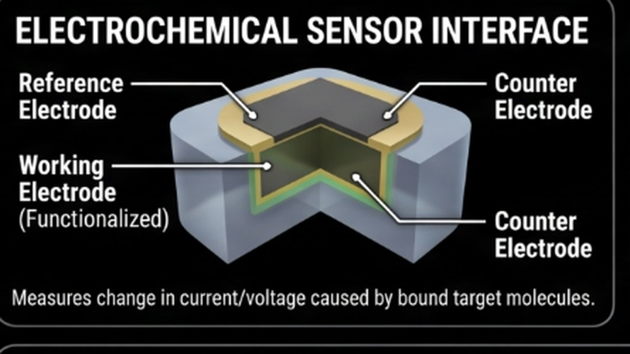Electrochemical sensor interface inside a BioNeedle &mdash; cutaway showing reference electrode, functionalised working electrode and counter electrodes; measures change in current or voltage caused by bound target molecules
