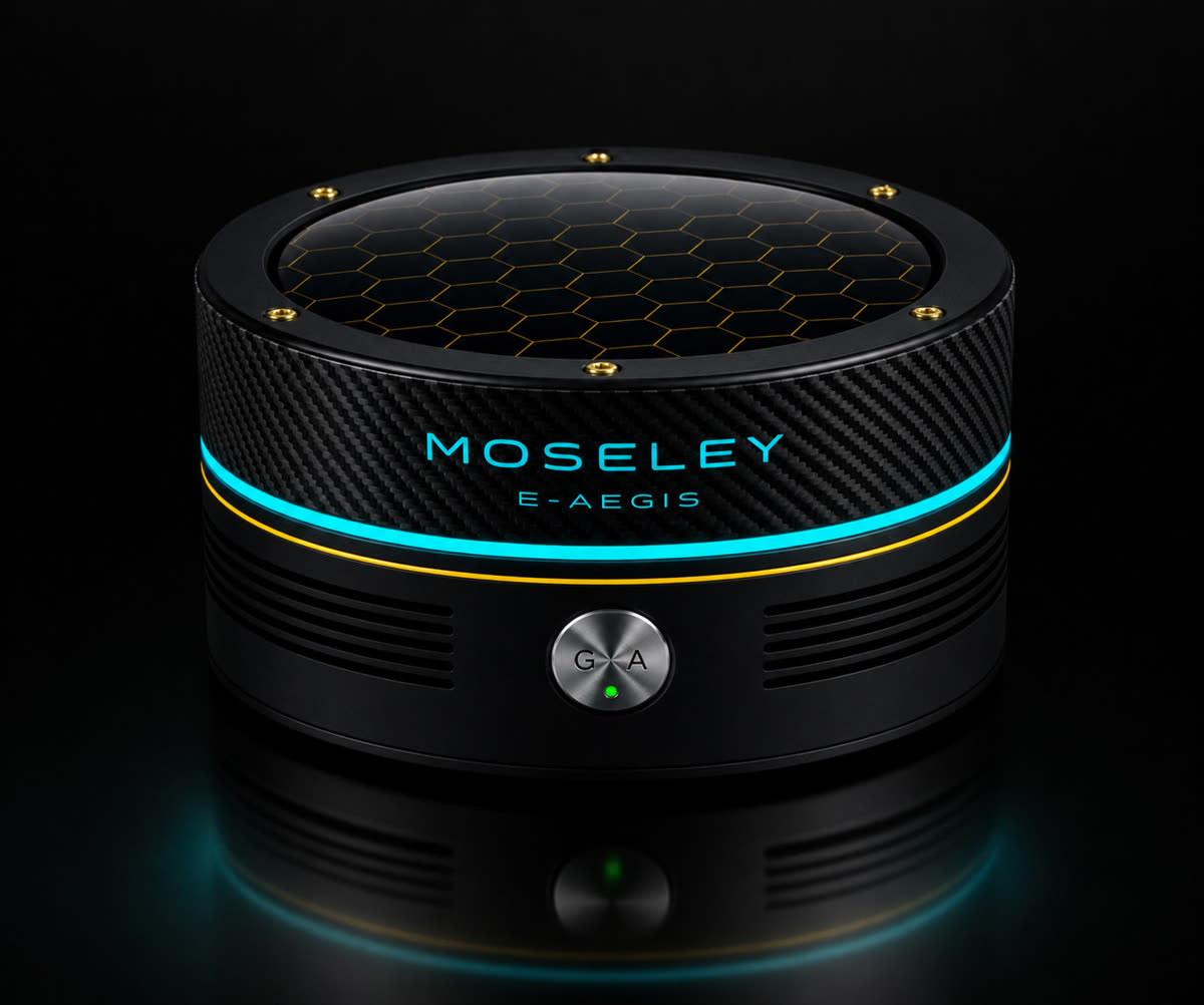Moseley E-Aegis device — photoreal three-quarter view with hexagonal mesh intake, cyan accent ring and carbon-fibre band