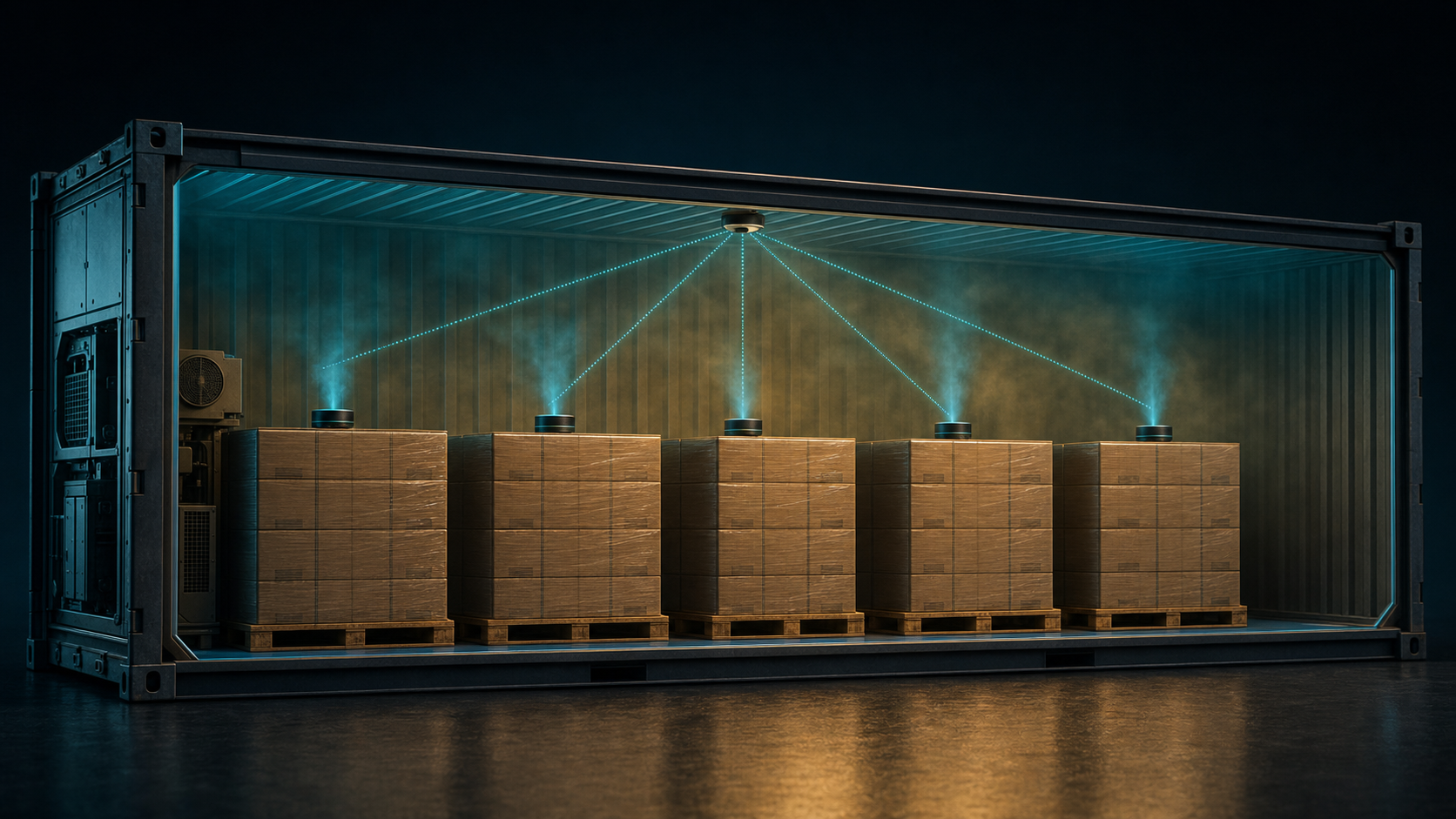 Cutaway scene inside a refrigerated shipping container — five E-MCP pucks sit on top of palletised cardboard boxes, with teal vapour streams rising from each into the headspace and dotted BLE coordination rays from an E-Aegis sentinel on the front bulkhead to each puck