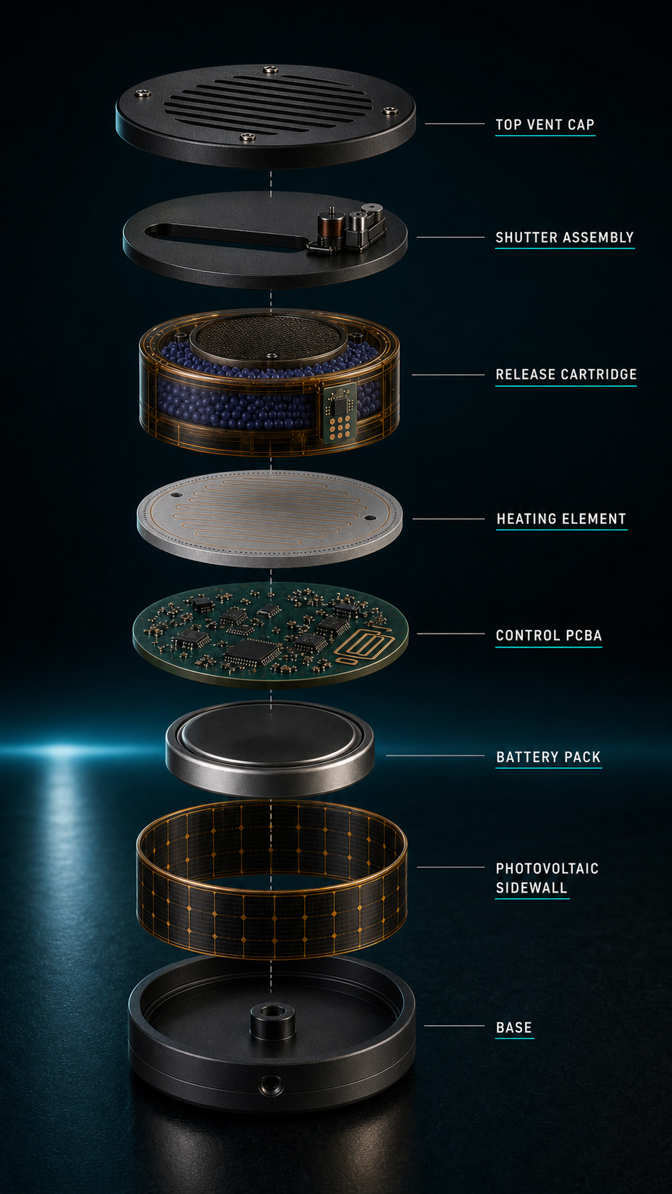 Moseley E-MCP exploded view — top vent cap, shutter assembly, MOF release cartridge, heating element, control PCBA, battery pack, photovoltaic sidewall and base, labelled top to bottom