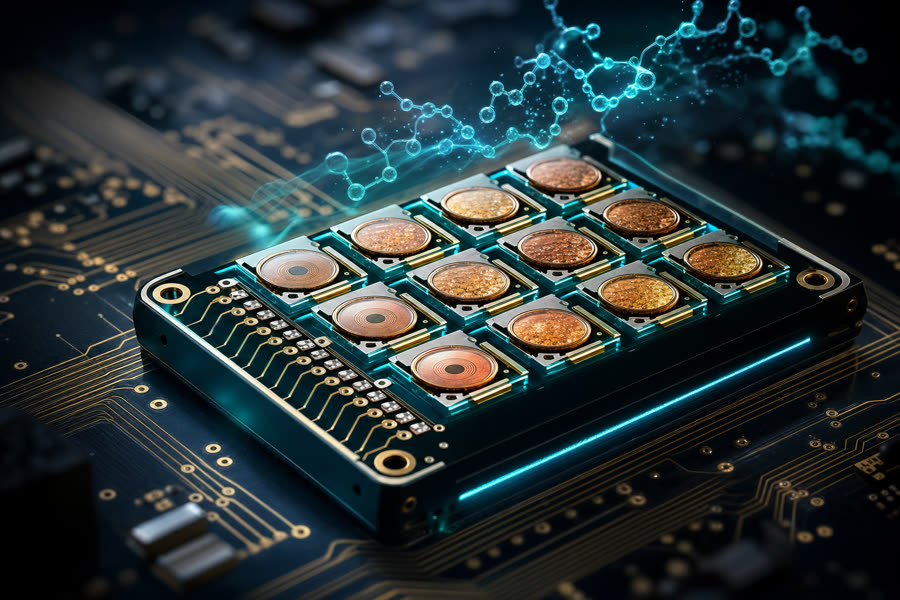 E-Array layer — multi-channel metal-cystine sensor array chip with copper-toned sensing pads and molecular flow above