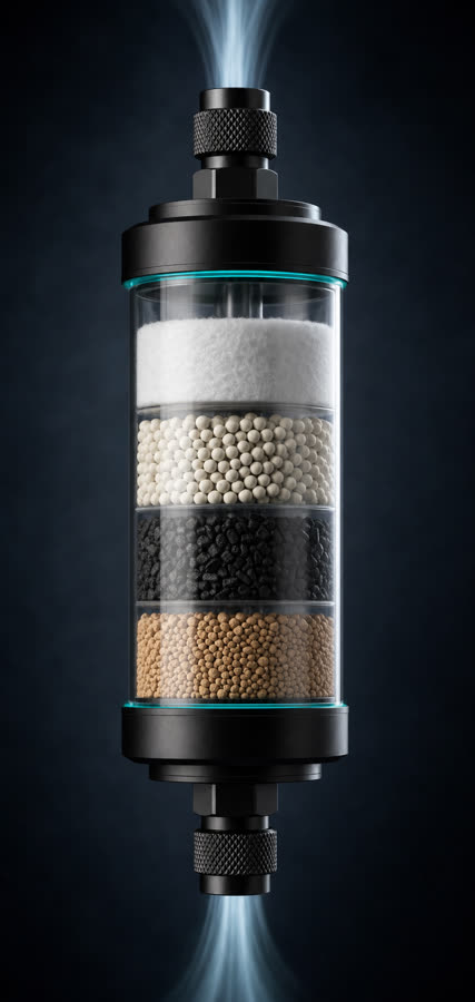 E-Conditioning layer — multi-stage conditioning cartridge with particulate filter, silica desiccant, oxygen scrubber and sulfur guard beds