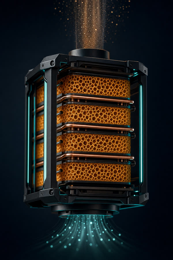 E-Remediation layer — multi-bed MOF adsorbent module with copper thermal-regeneration coils capturing molecules from above and releasing clean air below