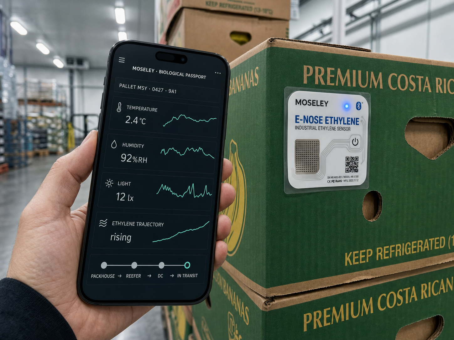 Moseley Biological Passport — mobile dashboard showing pallet temperature, humidity, light exposure, ethylene trajectory and journey timeline for an E-Nose-tagged pallet.