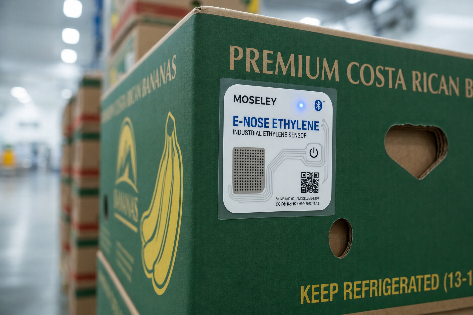 Moseley E-Nose label adhered to the outside of a Premium Costa Rican Bananas carton in a cold-storage warehouse.