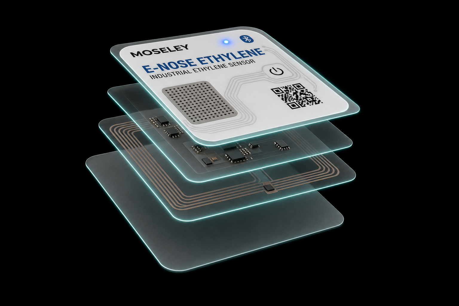 Moseley E-Nose exploded architecture — four layers: sensor layer, embedded intelligence, communications layer, smart packaging.