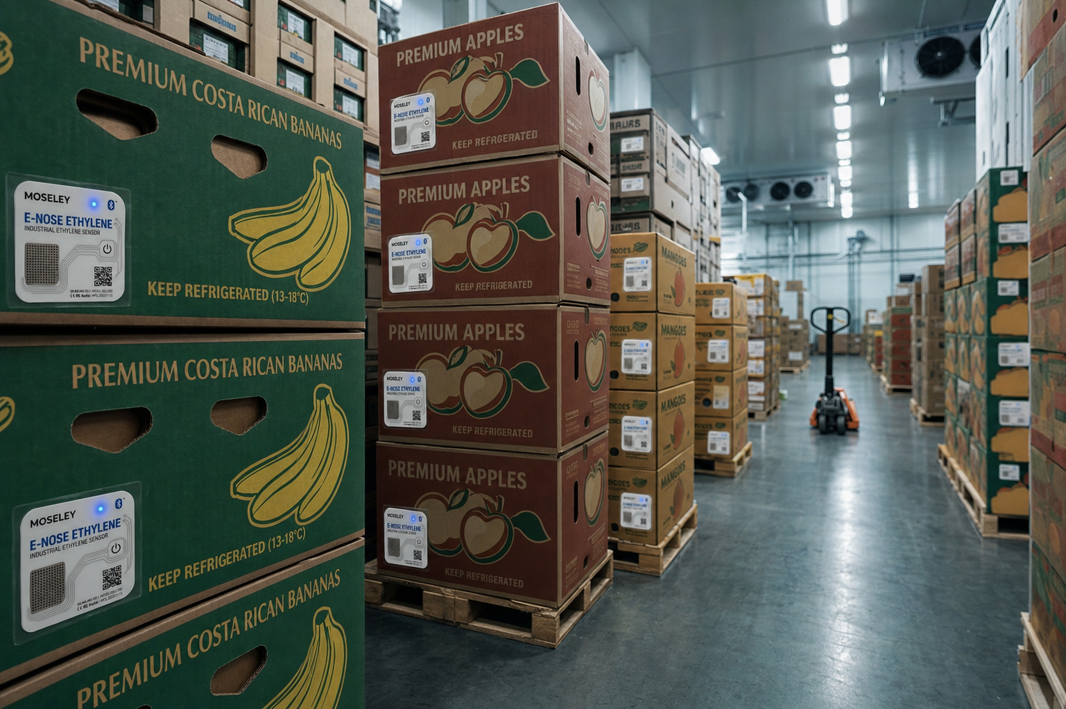 Moseley E-Nose — distributed biological sensing across a cold-storage warehouse, multiple E-Nose labels adhered to the outside of produce cartons on pallets.