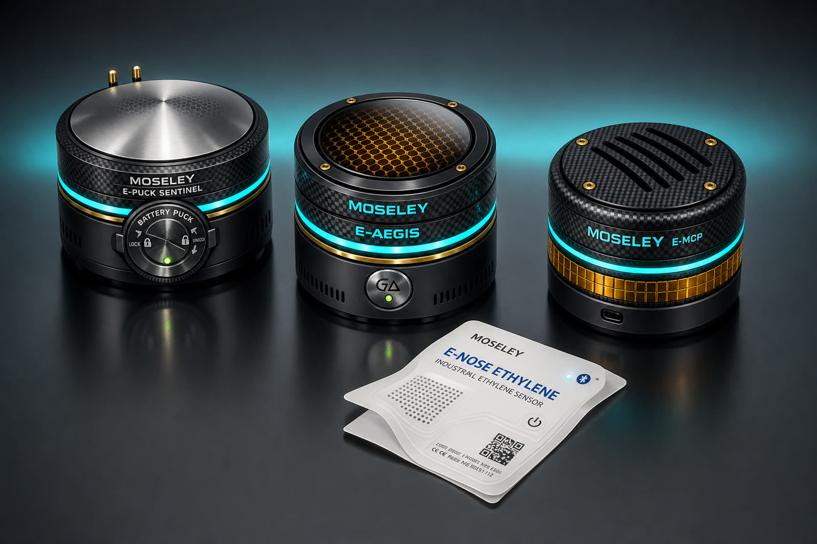 The Moseley platform component family — the E-Aegis detect-decide-control unit, the puck-shaped E-MCP release node and the slim E-Nose label, shown together under dark studio lighting with a cyan glow