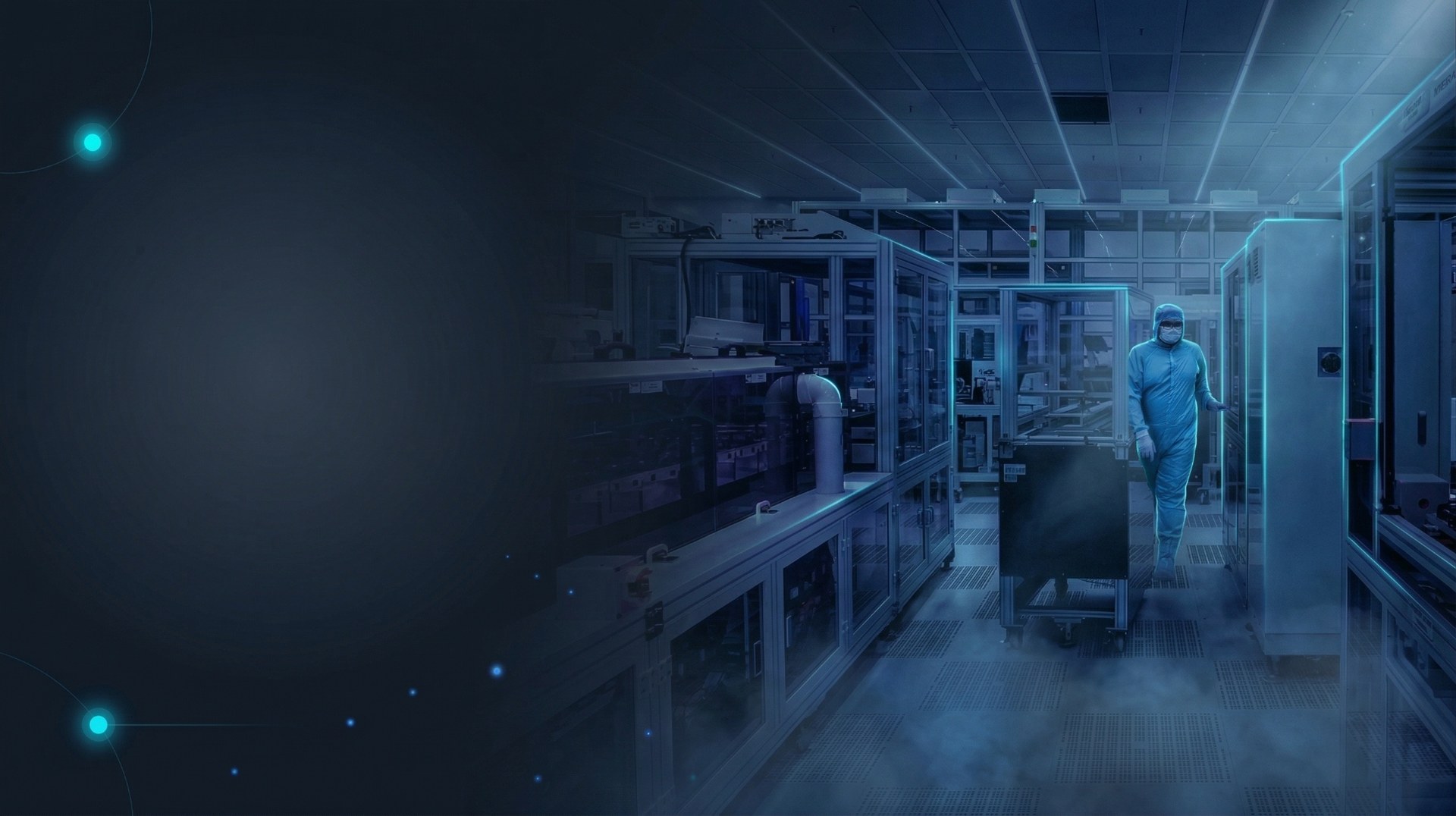 Semiconductor cleanroom — operator in bunny suit, sensor network glow